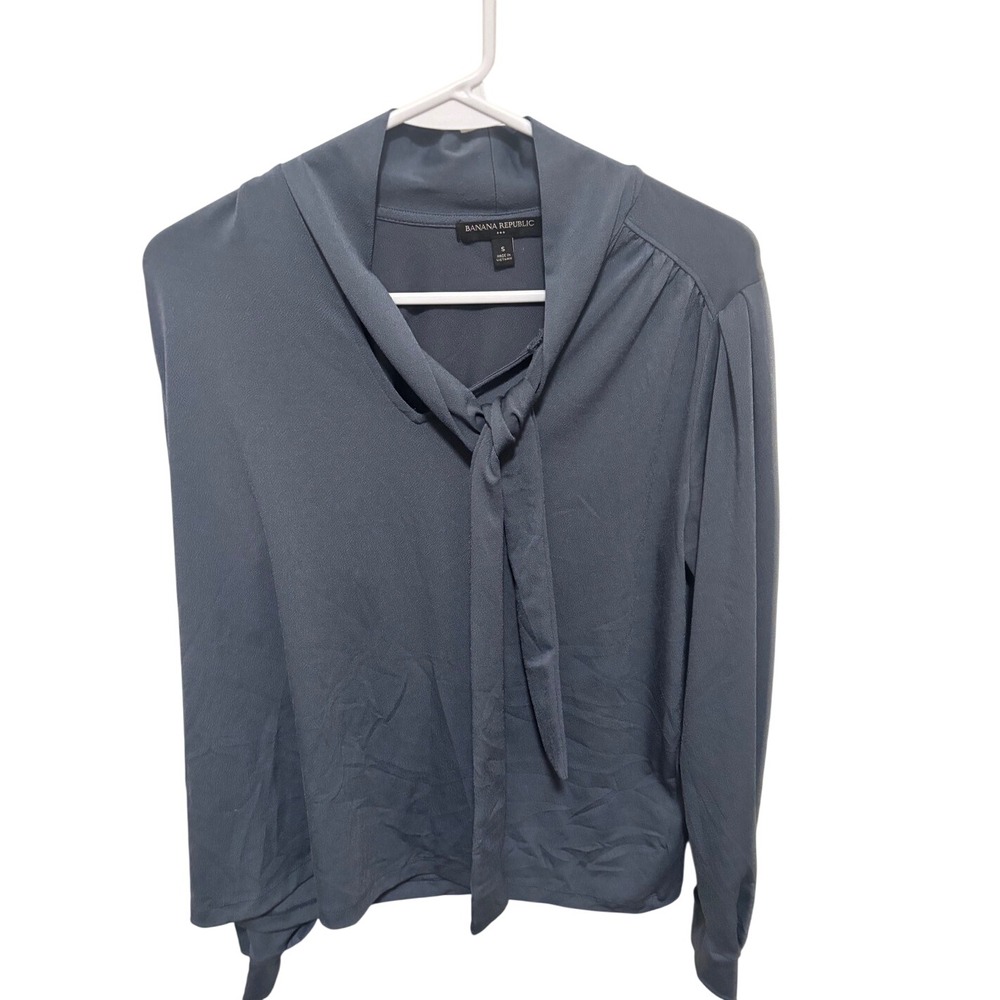 Banana Republic Slate Blue Tie Neck Long Sleeve Blouse Small